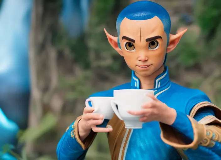 Image similar to real life avatar aang waterbending coffee out of his cup. highly detailed 8 k. intricate. lifelike. soft light. sony a 7 r iv 5 5 mm. cinematic post - processing