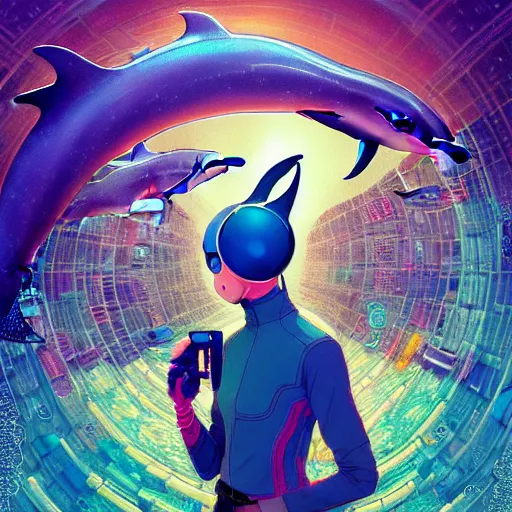 Image similar to a beautiful hyperdetailed character design 4 k wallpaper illustration of a cute dolphin, victo ngai cyberpunk style, from china, style of studio ghibli, makoto shinkai, raphael lacoste, louis comfort tiffany, artgerm, james jean, ross tran, chinese style