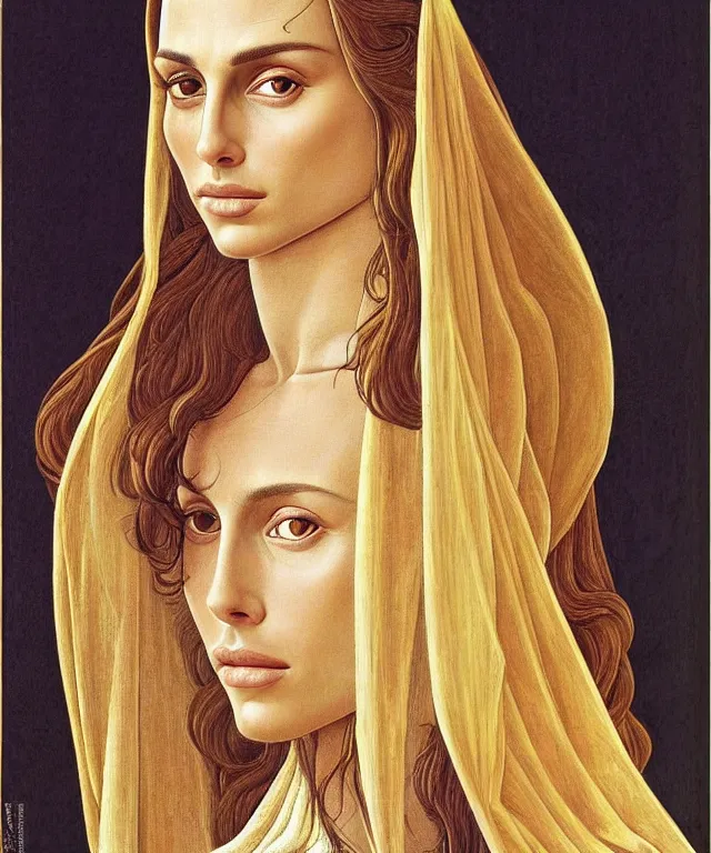 Prompt: Nathalie portman portrait by Sandro Botticelli and Moebius, 3/4 view, amber eyes, beautiful face, appealing long hair, fantasy, intricate, elegant, highly detailed, smooth, sharp focus, oil painted illustration by Sandro Botticelli and Moebius