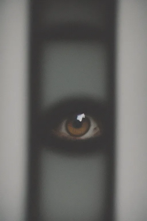 Prompt: kodak portra 4 0 0 photograph of a person looking out through their window, eye, beautiful eye, close up, telephoto, faded effect, grain,