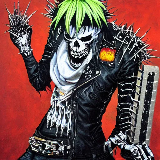 Image similar to a portrait of the grim reaper as a punk rocker playing an electric guitar, punk, skeleton face, mohawk, dark, fantasy, leather jackets, spiked collars, spiked wristbands, piercings, boots, electric guitars, motorcycles, ultrafine detailed painting by frank frazetta and vito acconci and michael whelan and takeshi obata, death note style, detailed painting