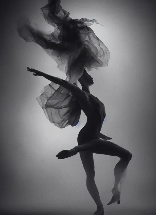 Image similar to a photorealistic dramatic hyperrealistic render of a glamorous beautiful female smoke dancer by ken brower and deborah ory of nyc dance project, lois greenfield, flowing cloth and smoke, beautiful dynamic dramatic dark moody lighting, volumetric, shadows, cinematic atmosphere, octane render, 8 k