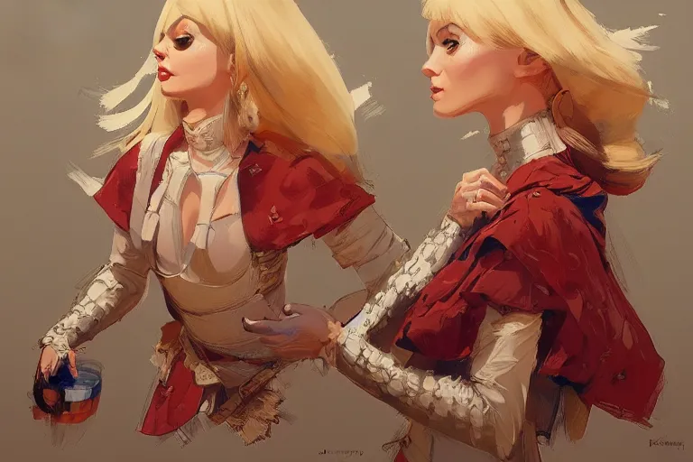 Image similar to a blonde woman wearing medieval tapestry as clothing, by jesper ejsing, ilya kuvshinov, greg rutkowski on artstation