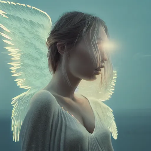 Image similar to portrait art of female angel, art by alessio albi 8 k ultra realistic, angel wings, lens flare, atmosphere, glow, detailed, intricate, full of colour, led lighting, trending on artstation, 4 k, hyperrealistic, 3 5 mm, focused, extreme details, unreal engine 5, masterpiece