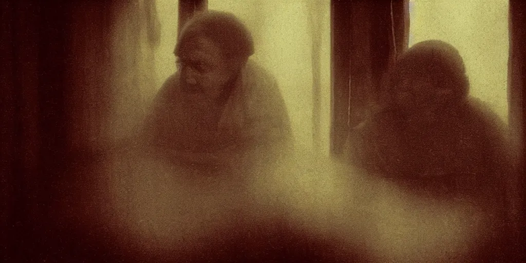 Image similar to portrait bust of old woman, tired expression, faded color film, russian cinema, tarkovsky, kodachrome, inside old cabin, next to window, heavy forest outside, long brown hair, old clothing, heavy fog, brown color palette, hudson river school, 4 k, dramatic lighting, greg rutkowski