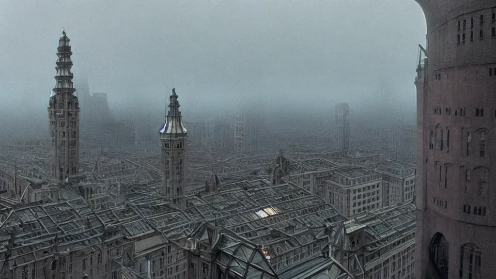 Prompt: the roof of city hall opens up, film still from the movie directed by christopher nolan and david cronenberg with art direction by zdzisław beksinski and dr. seuss