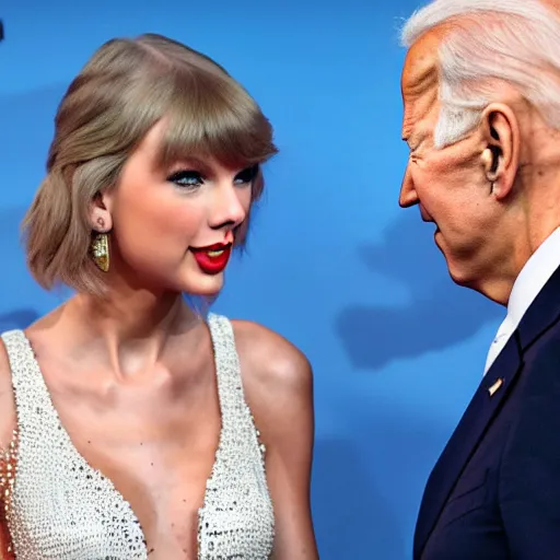 Prompt: taylor swift shaking hands with joe biden, 8 k uhd, cover of vouge magazine, perfect faces