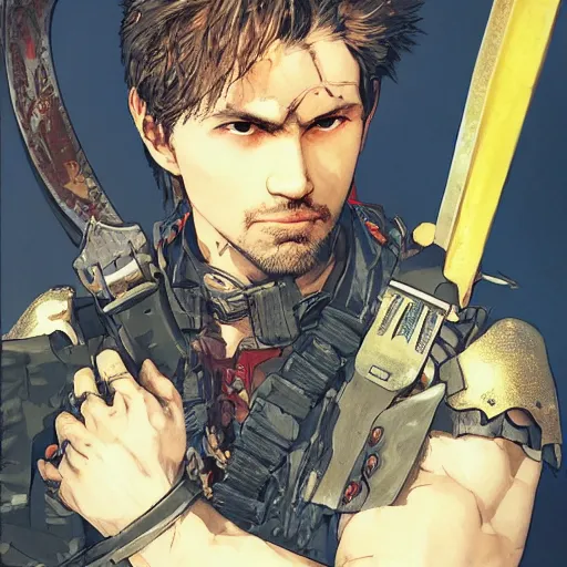 Prompt: portrait of a hero holding his sword in front of his face by yoji shinkawa, high quality, extra details, realism, ornate, colored, golden chain, blood, white skin, short hair, brown eyes, vivid, sunlight, dynamic, american man, freedom, handsome, dynamic lighting, dimensions, dimensional