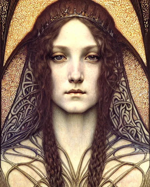 Image similar to detailed realistic beautiful young medieval queen face portrait by jean delville, gustave dore and marco mazzoni, art nouveau, symbolist, visionary, gothic, pre - raphaelite. horizontal symmetry