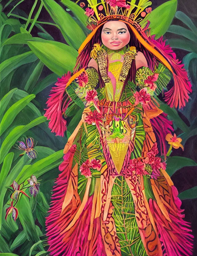 Prompt: plump aztec scifi queen of the orchid rainforest, wearing a lovely dress. this oil painting by the award - winning children's book author has an interesting color scheme, plenty of details and impeccable lighting.