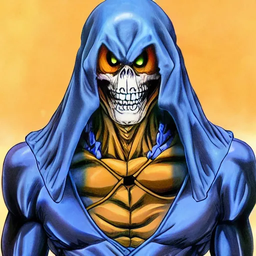 Image similar to ultra realistic portrait painting of skeletor, art by akira toriyama, 4 k, dragon ball artstyle, cel shaded, highly detailed, epic lighting