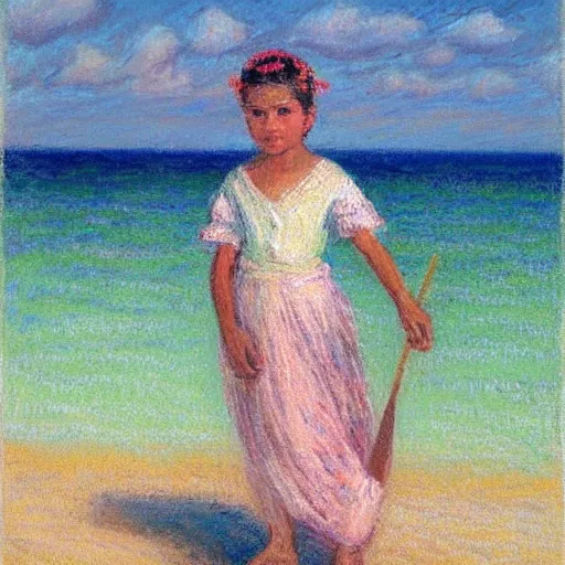 Prompt: by maximilien luce khaki, pastel white composed. the painting of a young girl in a traditional hula outfit. she is standing on a surfboard in front of a beautiful ocean landscape.