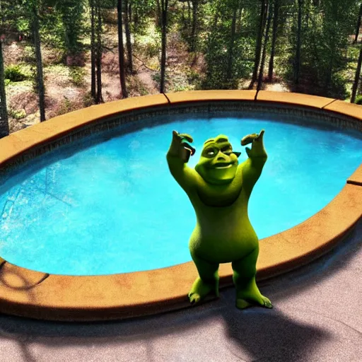 Image similar to shrek in a liminal space pool