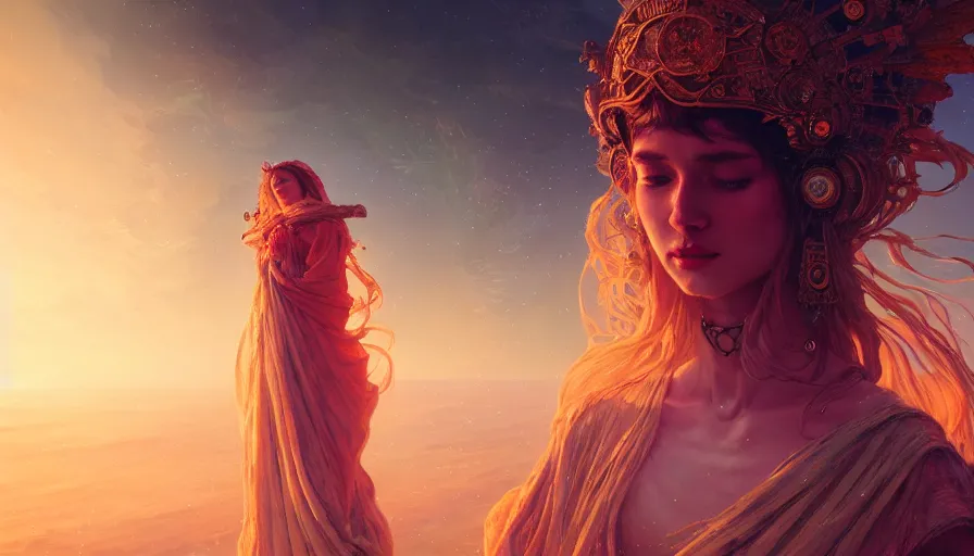 Image similar to dust goddess, epic scene, highly detailed, high quality, 8 k, 4 k, octane render, digital painting, alena aenami, lilia alvarado, shinji aramaki, karol bak, alphonse mucha, tom bagshaw