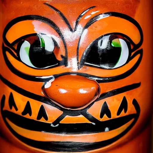 Image similar to a closeup photorealistic photograph of a glossy orange cat garfield style tiki mug sitting at a trader vic's bar featuring garfield's face. tiki party. bright scene. fine detail. this 4 k hd image is trending on artstation, featured on behance, well - rendered, extra crisp, features intricate detail, epic composition and the style of unreal engine.