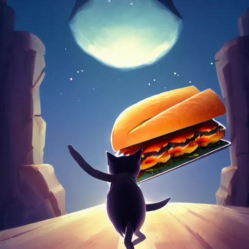 Image similar to a cat running away from a giant sandwich, artstation hq, dark phantasy, stylized, symmetry, modeled lighting, detailed, expressive, created by hayao miyazaki