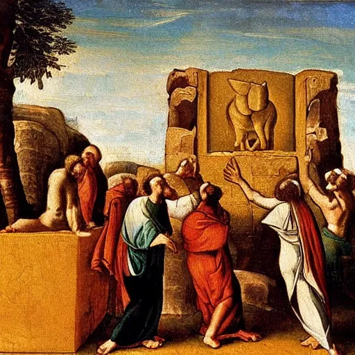 Prompt: israelites worshipping golden calf, old testament, early modern era painting