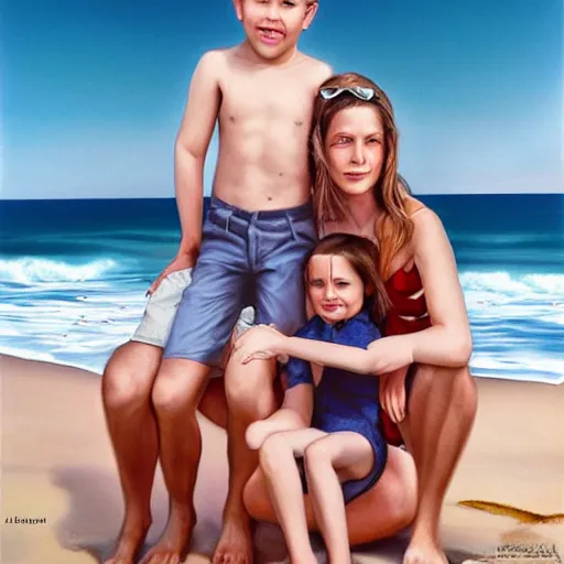 Image similar to portrait of a happy family at the beach, photo by annie leibovitz, realistic, smooth face, perfect eyes, wide angle, sharp focus, 8 k high definition, insanely detailed, intricate, elegant, art by artgerm