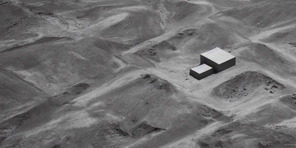 Prompt: imposing geometric concrete buildings in a barren desert wasteland