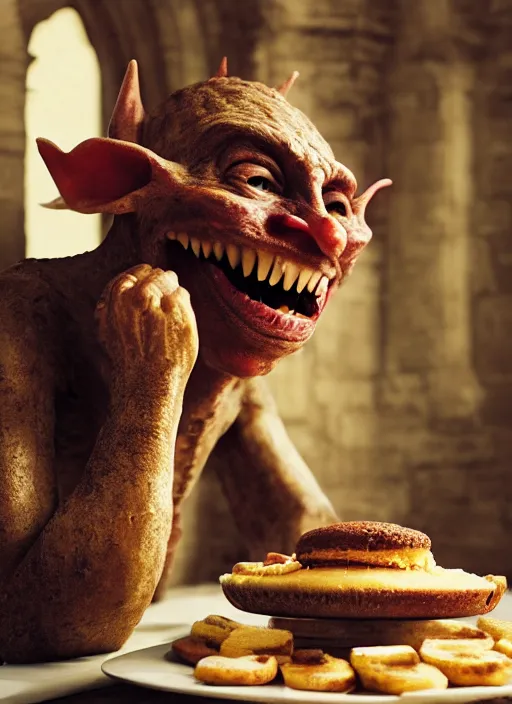 Image similar to closeup portrait of a medieval goblin eating cakes in the abbey, depth of field, zeiss lens, detailed, symmetrical, centered, fashion photoshoot, by annie leibovitz and steve mccurry, david lazar, jimmy nelsson, breathtaking, 8 k resolution, extremely detailed, beautiful, establishing shot, artistic, hyperrealistic, beautiful face, octane render