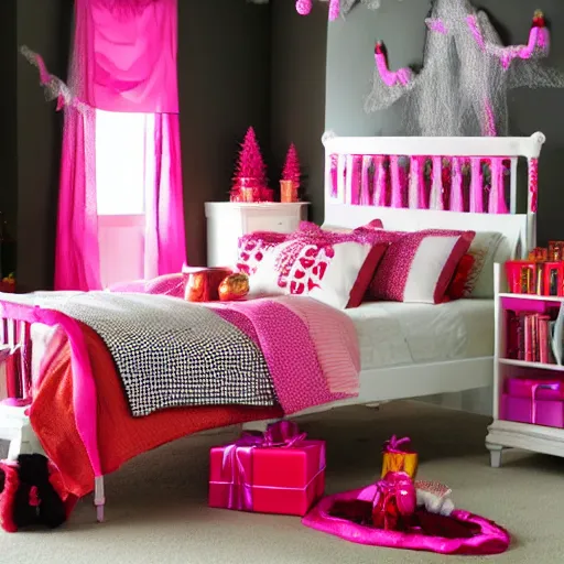 Image similar to homemade pink halloween themed christmas bedroom ideas, high resolution, creative, visually appealling