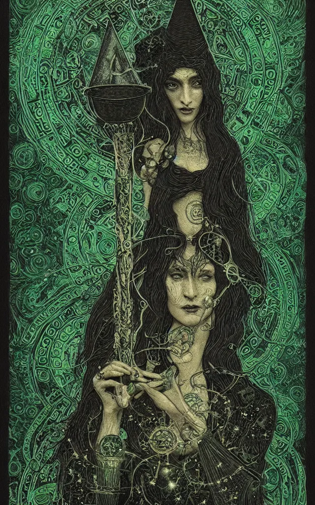Prompt: tarot card of hecate the gloomy and beautiful goddess of witchcraft, torches, ancient keys, smokes, andrey remnev, black paper, etching, engraving, intricate line work, green line work details, mandelbulb fractal, portrait, trending on artstation, exquisite details, risography print, 4 k, 4 k
