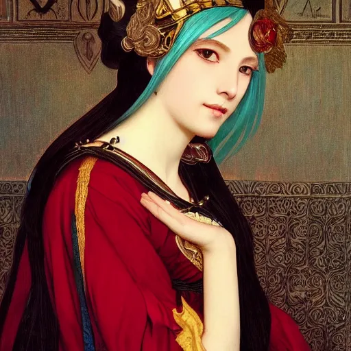 Image similar to a beautiful portrait of hatsune miku with long black and deep red colored hair dressed as a 1 st century european noblewoman, intricate, elegant, highly detailed, digital painting, artstation, concept art, matte, sharp focus, illustration, art by greg rutkowski and alphonse mucha