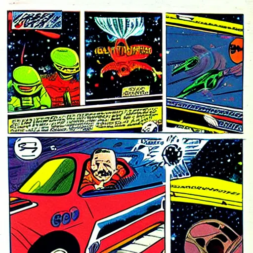 Image similar to alien racing drivers, space, comic, racers, retro, 70s, comic book