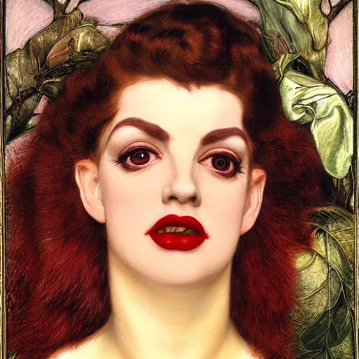 Prompt: portrait of a hybrid of judy garland and lady gaga, marfan syndrome, brown fringe, full lips, large downward slanting eyes, holman hunt, john william waterhouse, kilian eng, rosetti, john everett millais, william holman hunt, 4 k