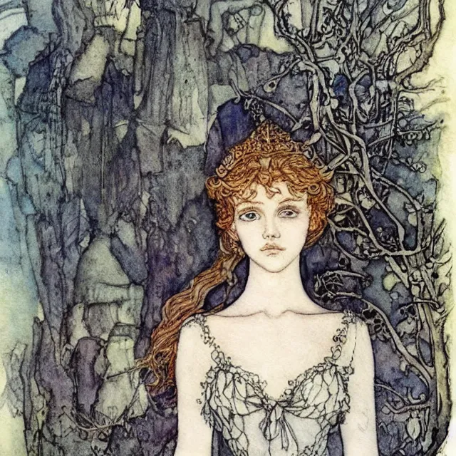 Image similar to a detailed, intricate watercolor and ink portrait illustration with fine lines of young 1 4 year old scarlett johannson looking over her shoulder as a fairytale princess, by arthur rackham and edmund dulac and lisbeth zwerger