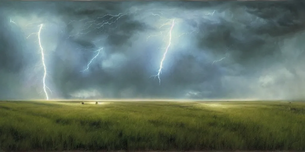 Prompt: a raging storm over a meadow with lightning ripping open an iridescent portal to blue skies behind, illustration, detailed, smooth, soft, warm, by Adolf Lachman, Shaun Tan, Surrealism