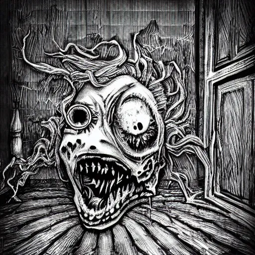 Prompt: grunge drawing of a monster hiding under the bed, detailed, elegant, intricate, horror themed