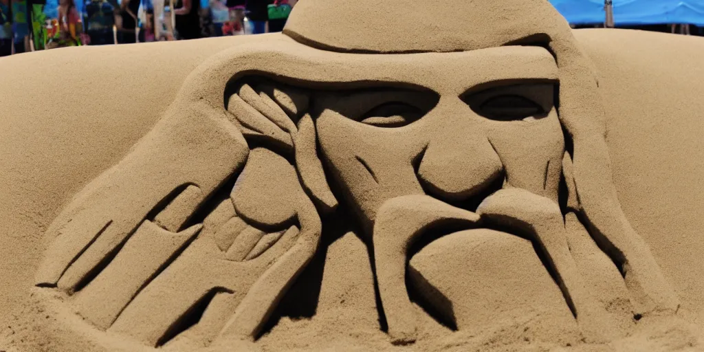 Image similar to high quality photograph of a masterfully crafted sand sculpture of a lemmy kilmister at the playground's sandbox