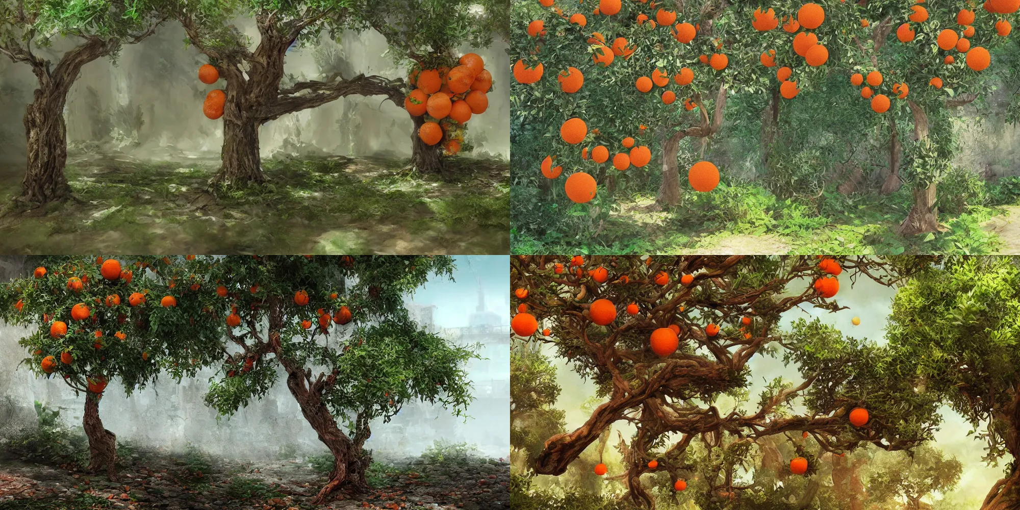 Prompt: concept artwork realistic old jaffa overgrown floating orange tree by ran morin green ivy contrast shadows artstation