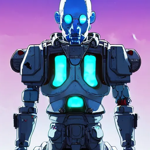 Image similar to cell shaded long shot of a cybernetic blue bald soldier with glowing blue eyes as Borderlands 3 concept art, llustration, post grunge, concept art by josan gonzales and wlop, by james jean, Victo ngai, David Rubín, Mike Mignola, Laurie Greasley, highly detailed, sharp focus,alien,Trending on Artstation, HQ, deviantart, art by artgem