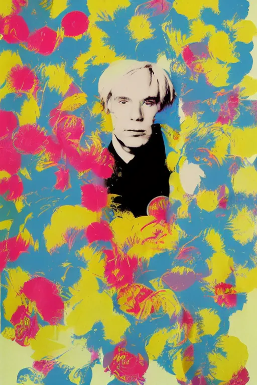 Prompt: colorful portrait of andy warhol, bloom flowers, modern, eclectic, illustration, studio lighting, matte background, by ramon casas