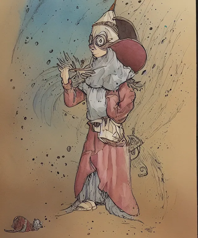 Image similar to a watercolor ink painting of the selfless female anthropomorphic mouse midwife. her wardrobe is complicated in the style of jean giraud in the style of moebius trending on artstation deviantart pinterest photorealistic hd 8 k highlights and shadow detailed high resolution