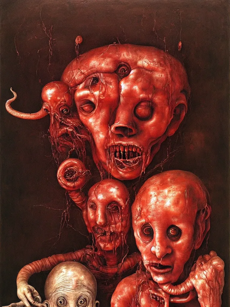 Image similar to a boy like eraserhead and elephant man sitting in a tub full of tomato sauce, looking straight into camera, screaming in desperation, by giuseppe arcimboldo and ambrosius benson, renaissance, fruit, intricate and intense oil paint, a touch of beksinski and hr giger and edward munch, realistic