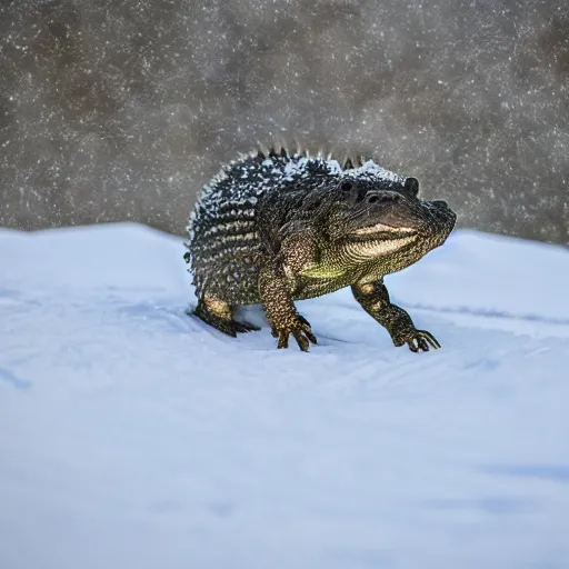 Image similar to photo of an aligator on snowy mountain peak, snow, 50mm, beautiful photo