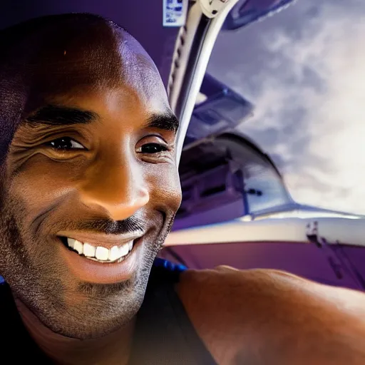 Image similar to selfie of kobe bryant in a helicopter, smoke around him, 8k resolution, hyper detailed, shot in the air