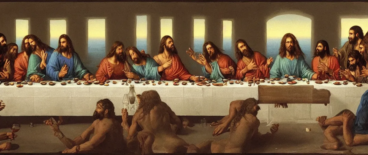 Prompt: the last supper jesus with his friends homies, drinking wine and passing big blunts, shirtless man having a party, in clouds of smoke, album cover, emotional cartoon speech bubble, 4 k, hyperrealistic photograph, highly detailed, sharp focus, art by ilya repin