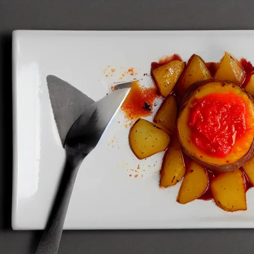 Image similar to El Bulli dish - Potato with Ketchup, food photography, award winning, mind-bending