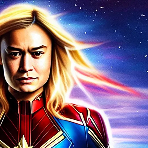 Prompt: orlando bloom as captain marvel, artstation hall of fame gallery, editors choice, #1 digital painting of all time, most beautiful image ever created, emotionally evocative, greatest art ever made, lifetime achievement magnum opus masterpiece, the most amazing breathtaking image with the deepest message ever painted, a thing of beauty beyond imagination or words