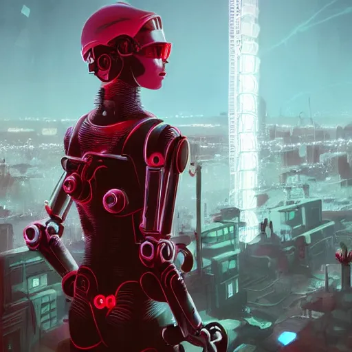 Prompt: character with short white hair, robotic arm, city in background, neonpunk, dystopian, scifi, intricate, detailed red lighting, concept art, trending on artstation