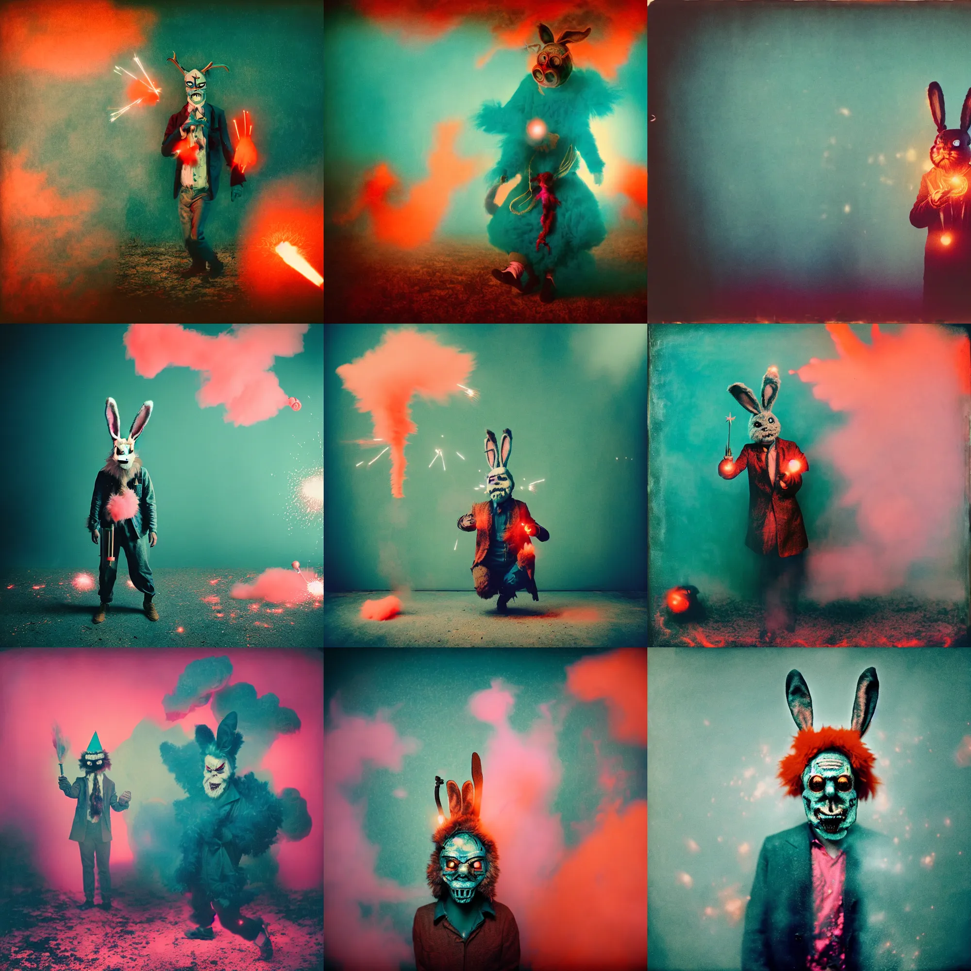 Prompt: kodak portra 4 0 0, wetplate, teal and orange and pink colours, explosions, rockets, krampus, bunny head, the walking dead, 1 9 1 0 s style, motion blur, portrait photo of a backdrop, bombs, sparkling, fog, by georges melies and by britt marling