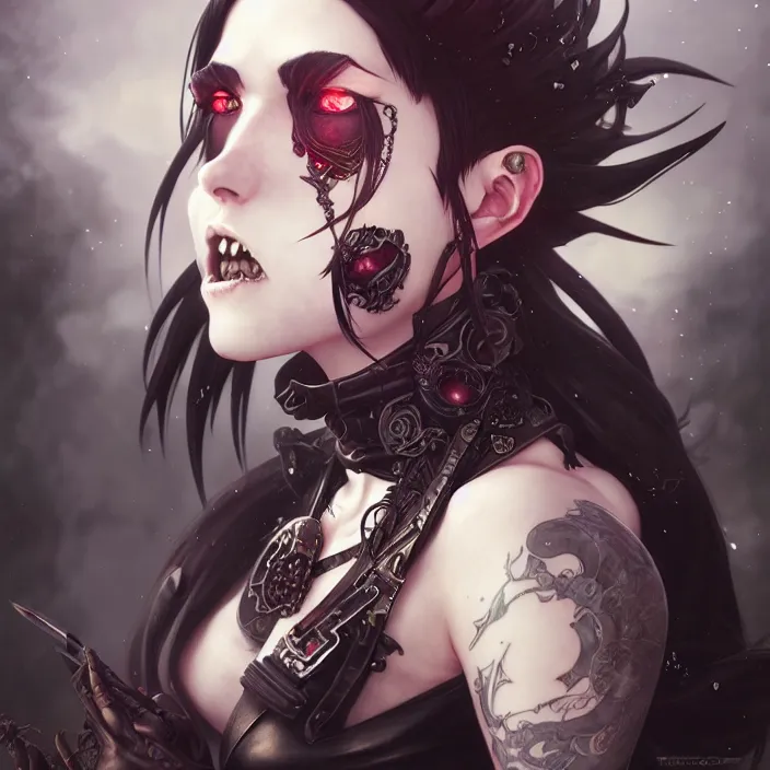 Image similar to anime female, fangs, goth, tattoos, leather, fantasy, intricate details, eerie, highly detailed, octane render, 8 k, art by artgerm and alphonse mucha and greg rutkowski