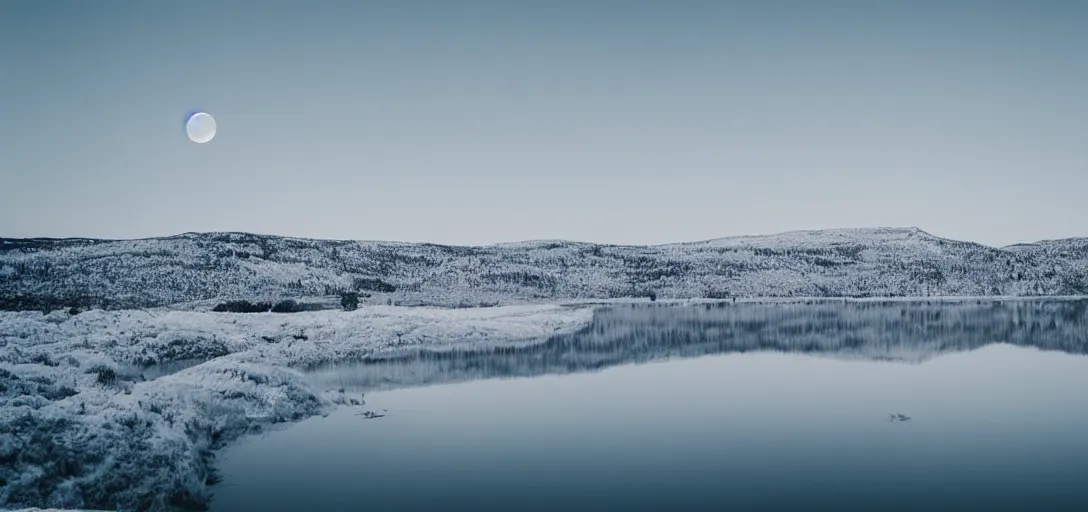 Image similar to lake in a totally white place with a moon