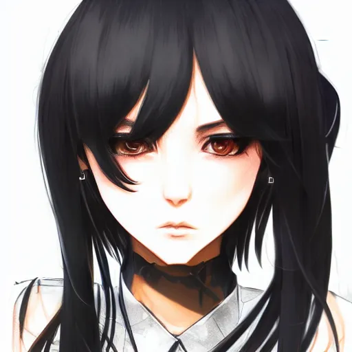 Image similar to upper body portrait of a beautiful girl with long black hair, wearing black riot gear, holding AR-15, drawn by WLOP, by Avetetsuya Studios, attractive character, colored sketch anime manga panel, trending on Artstation