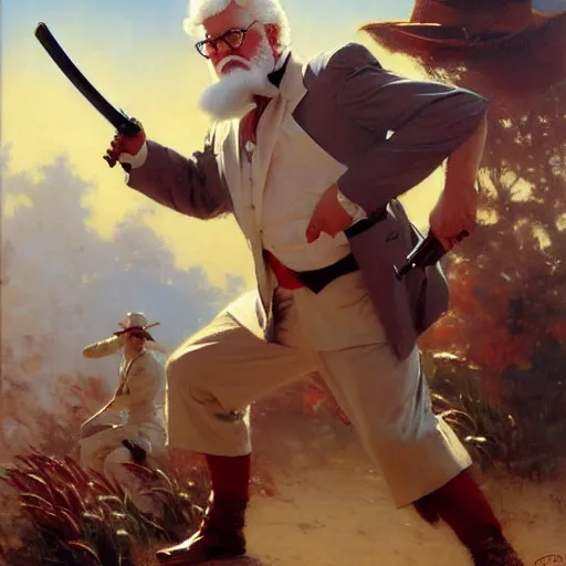 Prompt: colonel sanders with katana fighting donald mcdonald with gun, highly detailed painting by gaston bussiere, craig mullins, j. c. leyendecker, 8 k