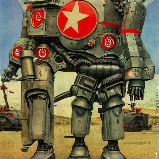 Image similar to Soviet mechs in the style of Norman Rockwell, sci-fi illustrations, highly detailed, award-winning, patriotic, soviet, ussr, dark, gritty, ink